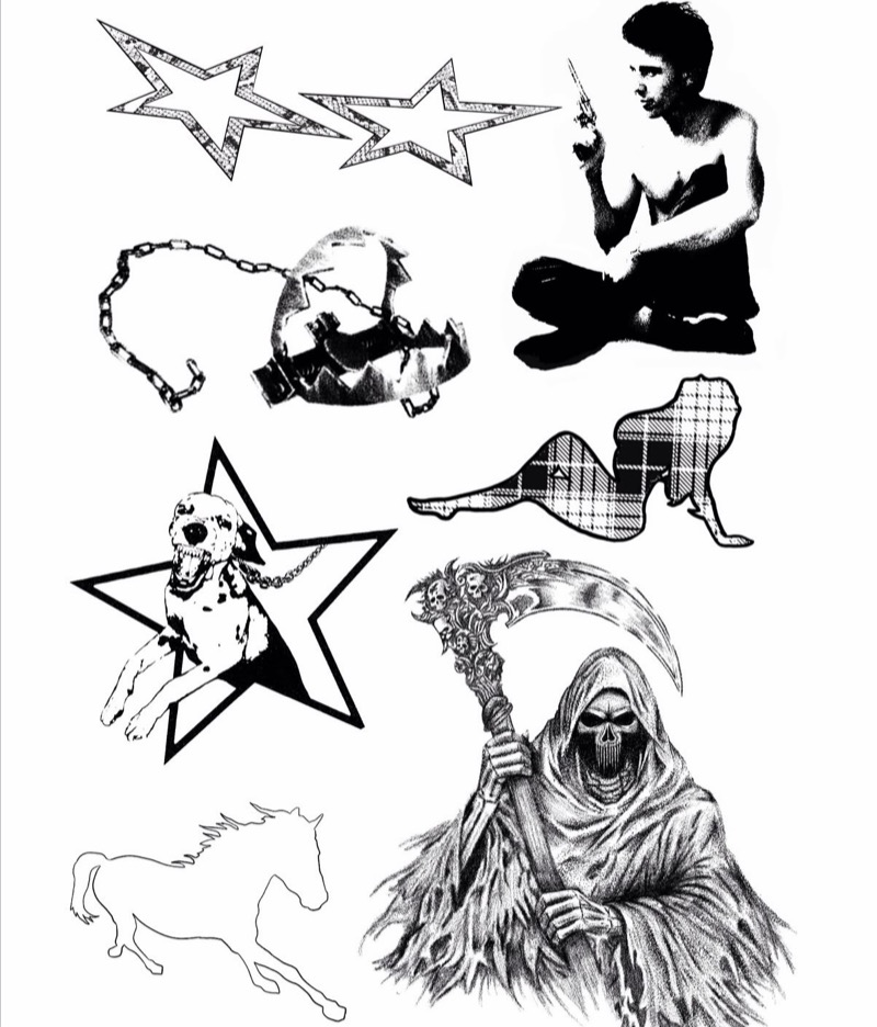 Flash sheet: two snakeskin stars, a chained bear trap, a seated figure holding a revolver, a plaid reclining woman, a dalmatian on a star, a horse outline and a grim reaper with a scythe