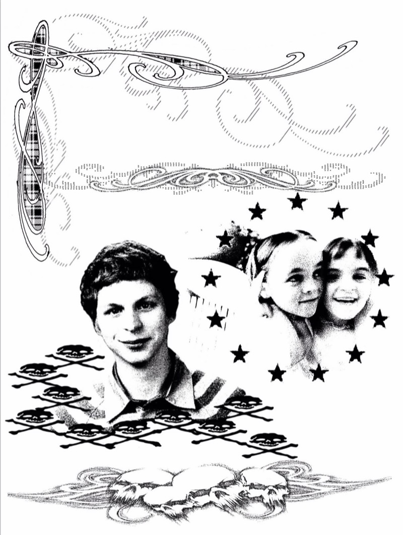 Flash sheet: plaid and dotted scrollwork borders, two halftone portraits with skulls and crossbones and a ring of stars, and a skull ornament