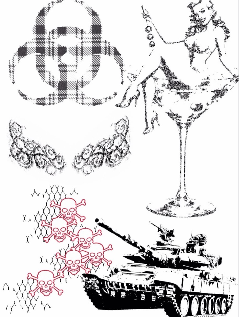 Flash sheet: a plaid biohazard symbol, a woman in a cocktail glass, ornamental scrolls, red skulls and crossbones over wire mesh, and a tank