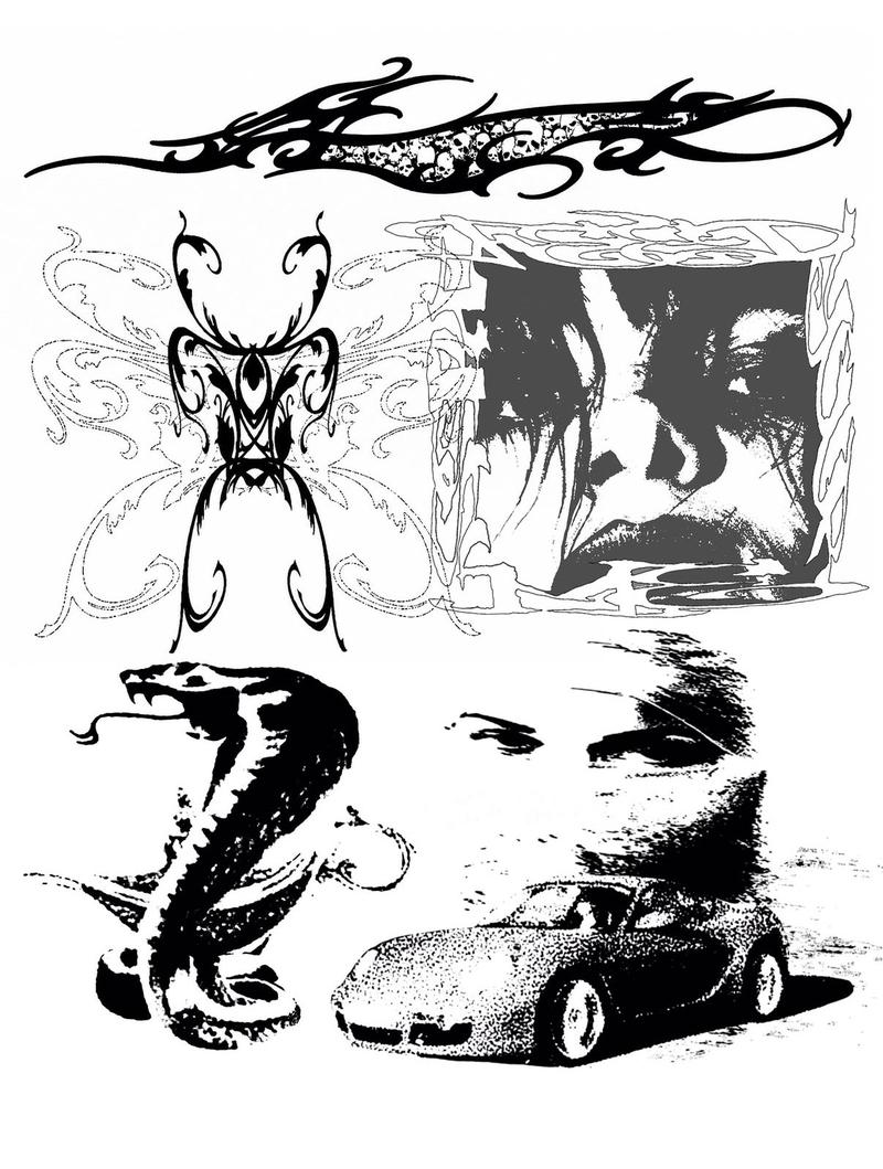 Flash sheet: black designs including a skull-filled tribal band, a tribal insect, two halftone portraits, a cobra and a sports car