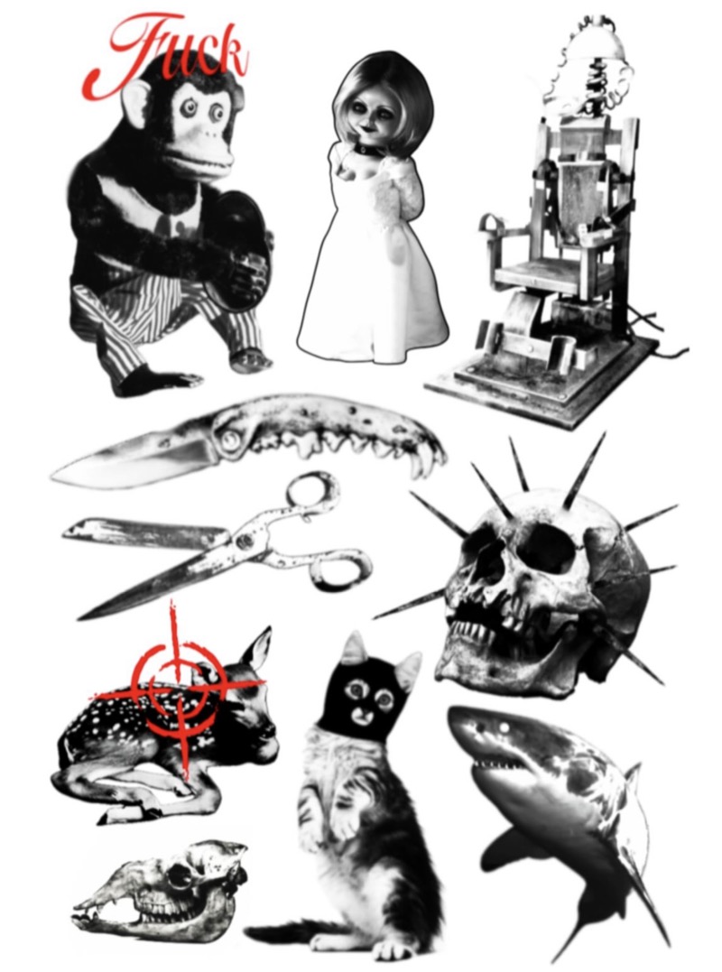 Flash sheet: a cymbal-playing toy monkey under red script lettering, a doll in a white dress, an electric chair, a folding knife, scissors, a spiked skull, a fawn in red crosshairs, a cat in a balaclava, a shark and an animal skull