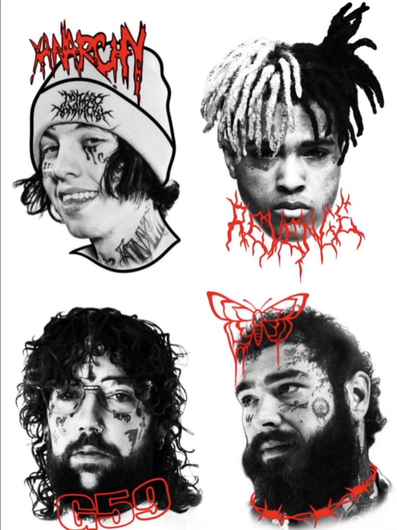 Flash sheet: four portraits of men with face tattoos, each with red lettering or a red motif: "Anarchy", "Revenge", "G59", and a moth with barbed wire
