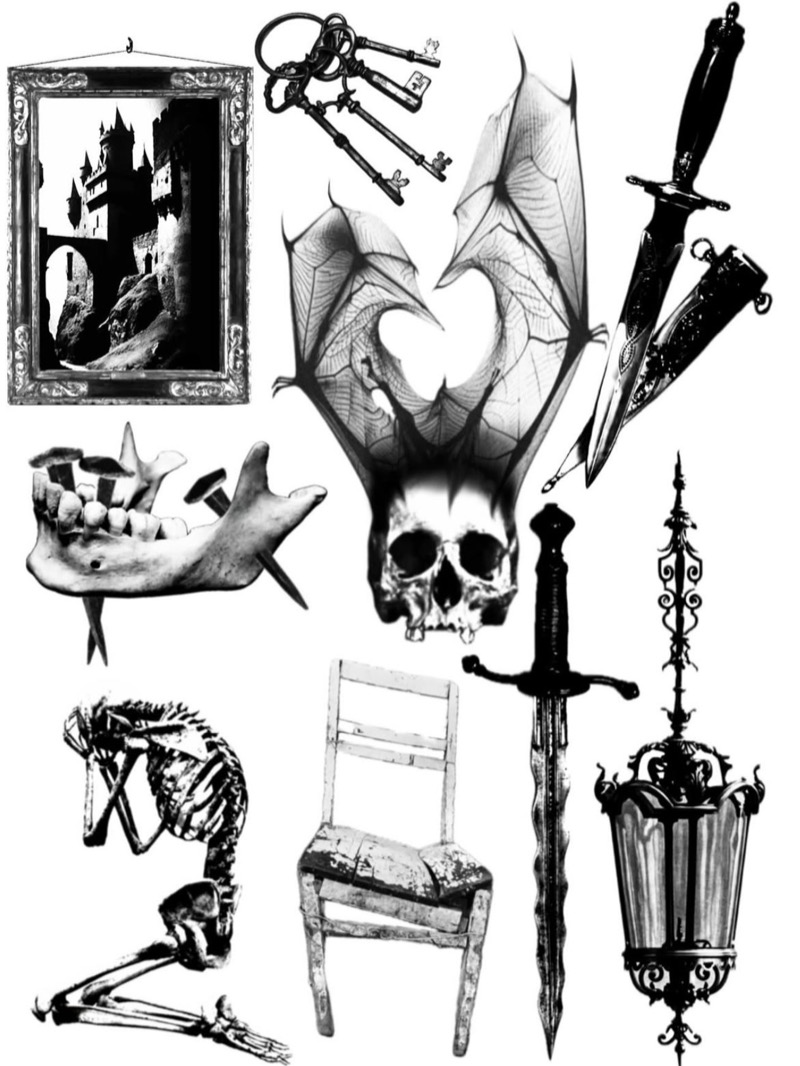 Flash sheet: a castle in an ornate frame, a ring of old keys, a skull with bat wings, a dagger and sheath, a jawbone pierced with nails, a kneeling skeleton, a worn wooden chair, a wavy-bladed sword and an ornate lantern