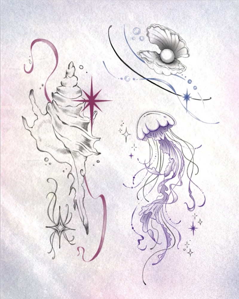 Flash sheet: a spiral seashell with a red ribbon and sparkles, an open shell with a pearl, and a purple jellyfish, in soft pastel shading