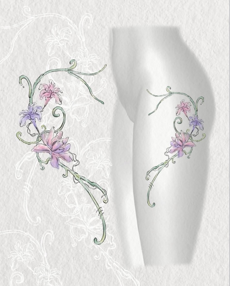 Flash sheet: pink and purple lilies on a curling green vine, shown flat and placed on a leg