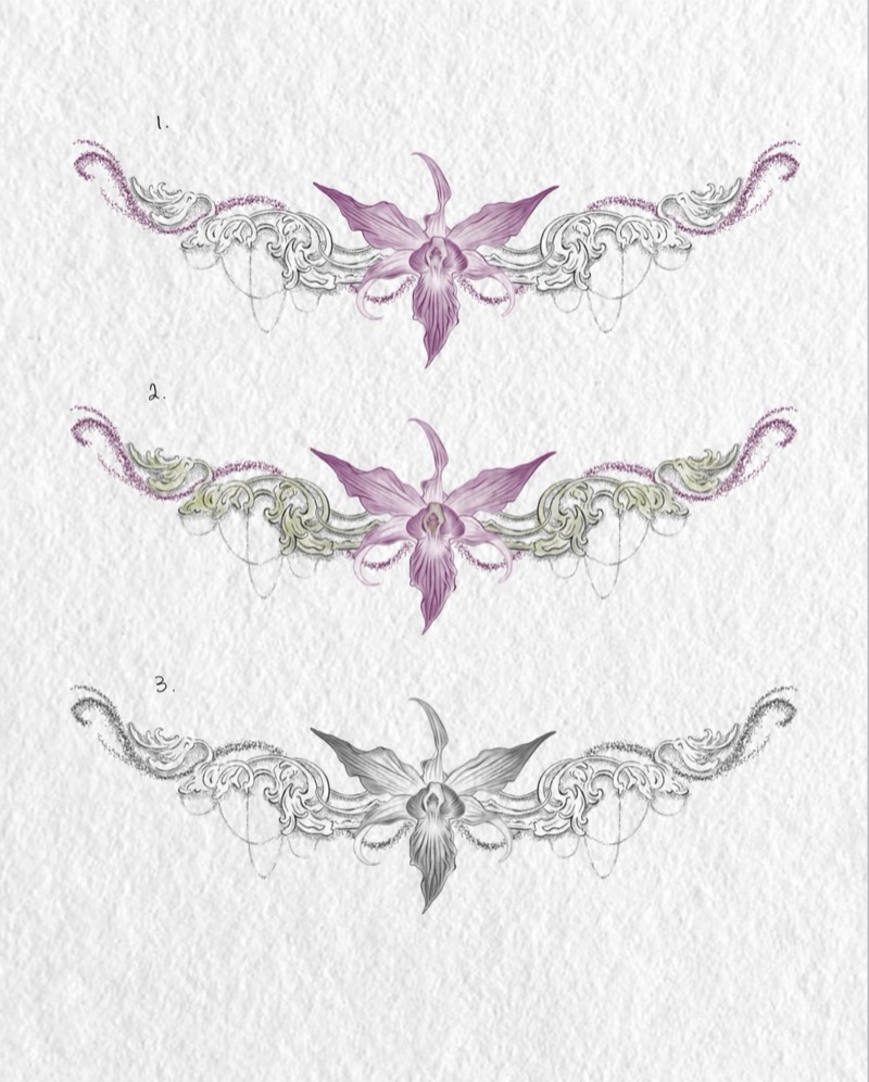 Flash sheet: an ornate scrollwork band with a central orchid and hanging chains, shown in three colourways