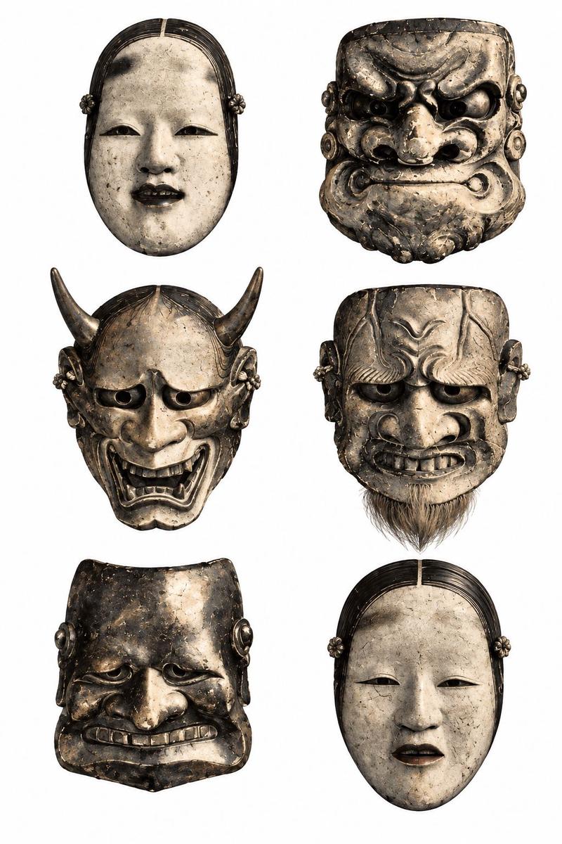 Flash sheet: six weathered masks in two columns, including a horned mask and a bearded mask, in grey, black and cream