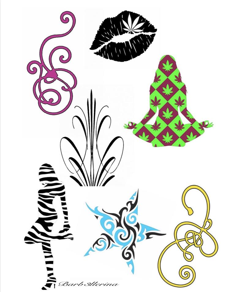 Flash sheet: pink and yellow curling ornaments, black lips with a cannabis leaf, a green and purple seated silhouette, a zebra-striped figure and a blue and black ornamental star