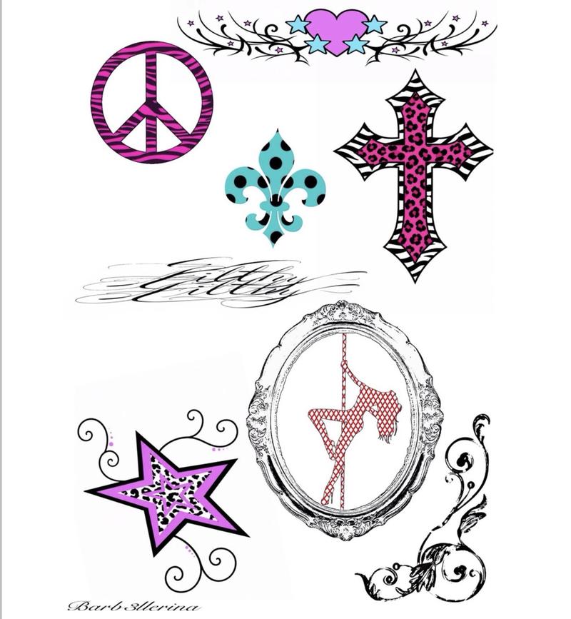 Flash sheet: a pink striped peace symbol, a spotted turquoise fleur-de-lis, a pink leopard-print cross, a heart and stars, script lettering, a patterned star and a red pole-dancing silhouette in an oval frame