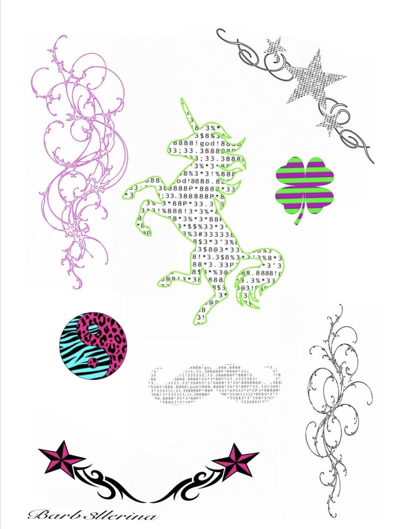 Flash sheet: pink and black curling ornaments, patterned stars, a green-outlined unicorn filled with typed characters, a striped four-leaf clover, an animal-print yin-yang symbol and a moustache made of typed characters