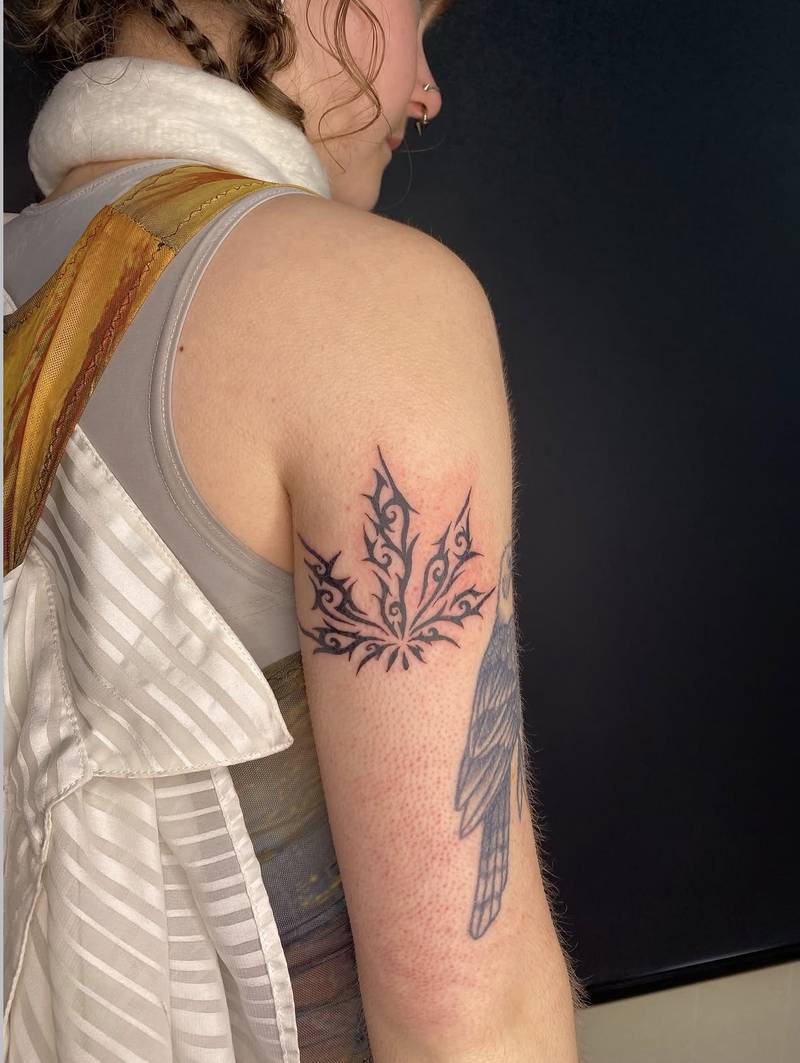 Completed tattoo on the upper arm: a pointed leaf-shaped design filled with curling black ornamental lines