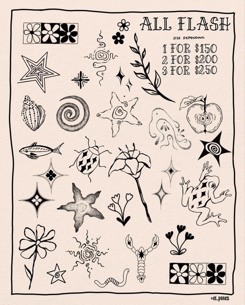Flash sheet: black flowers, stars, spirals, a shell, fish, beetle, frog, lobster, worm and a sliced apple. Printed offer: size depending, 1 for $150, 2 for $200, 3 for $250