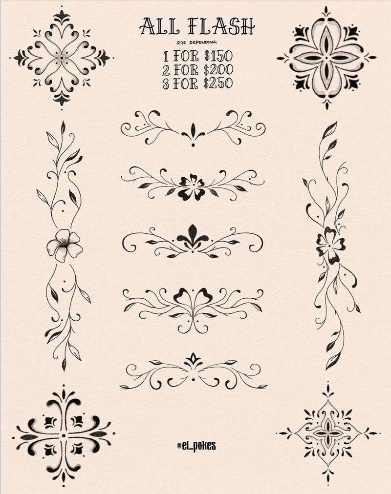 Flash sheet: black ornamental flowers, curling leafy vines and symmetrical floral flourishes. Printed offer: size depending, 1 for $150, 2 for $200, 3 for $250