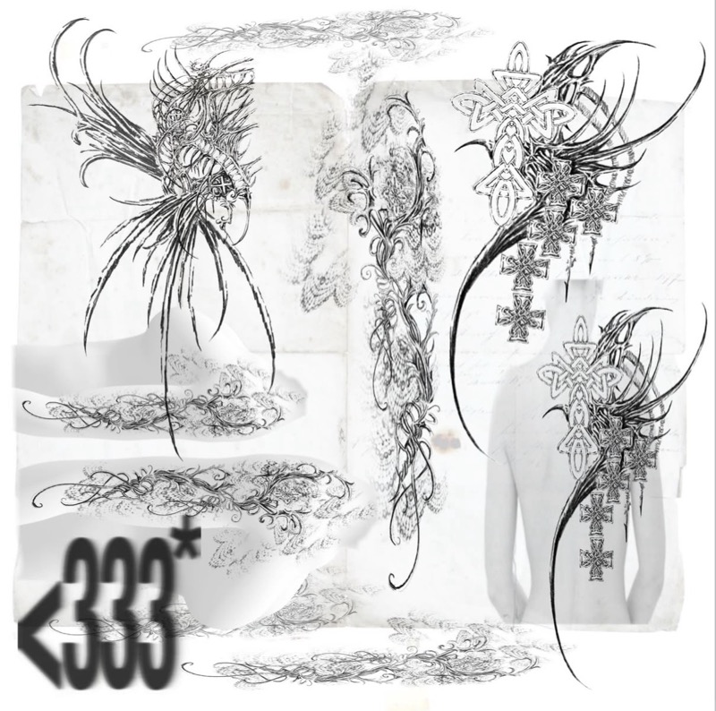 Flash sheet: spiky ornamental designs and ornate crosses shown on body outlines, with the text "<333"