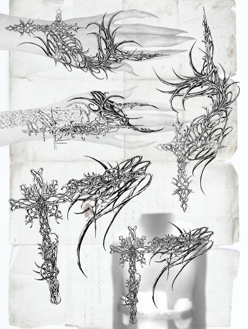 Flash sheet: thorned ornamental crosses and hand designs drawn over hands with long nails, on old paper