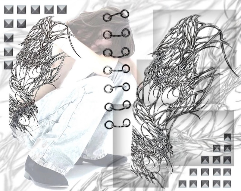 Flash sheet: two tangled thorny wing-like designs, shown on a crouching figure