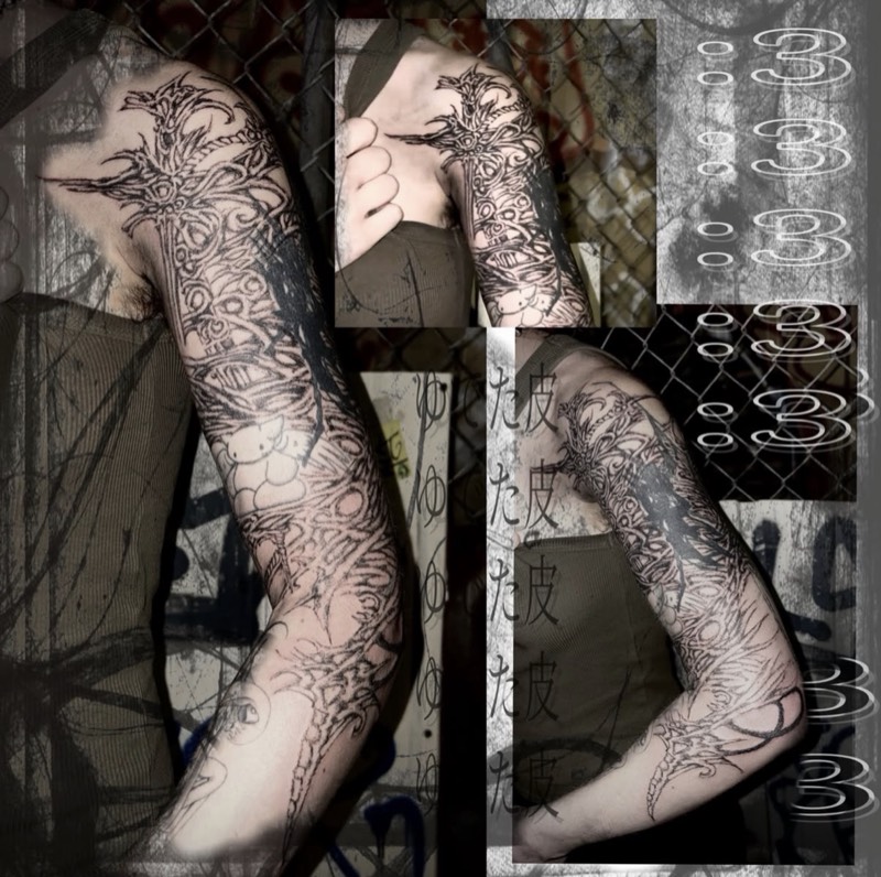 Completed tattoo: a full arm sleeve of dense thorned ornamental black linework running from the shoulder to the forearm, shown in three views