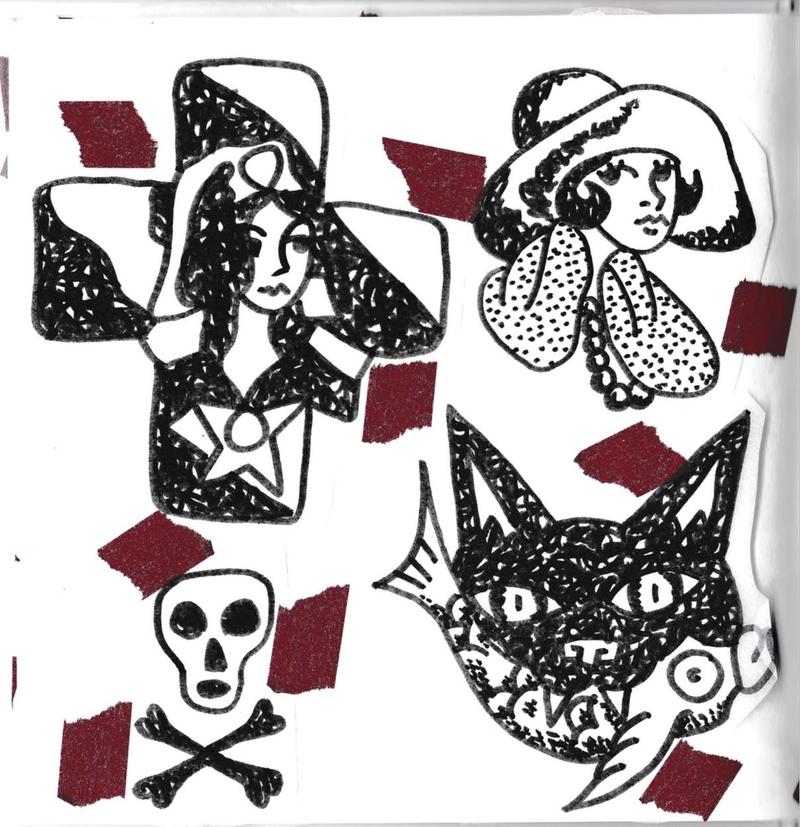 Flash sheet: two women in wide-brimmed hats, a skull and crossbones, and a cat holding a fish, in textured black with red accents