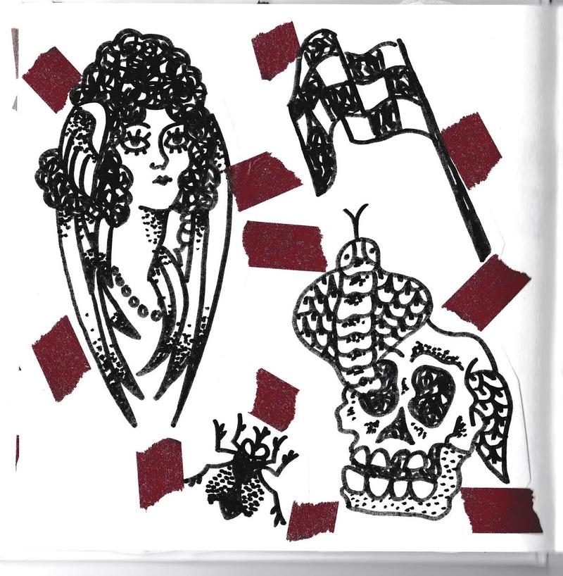 Flash sheet: a woman in a long veil, a chequered flag, a fly and a cobra curled around a skull, in textured black with red accents