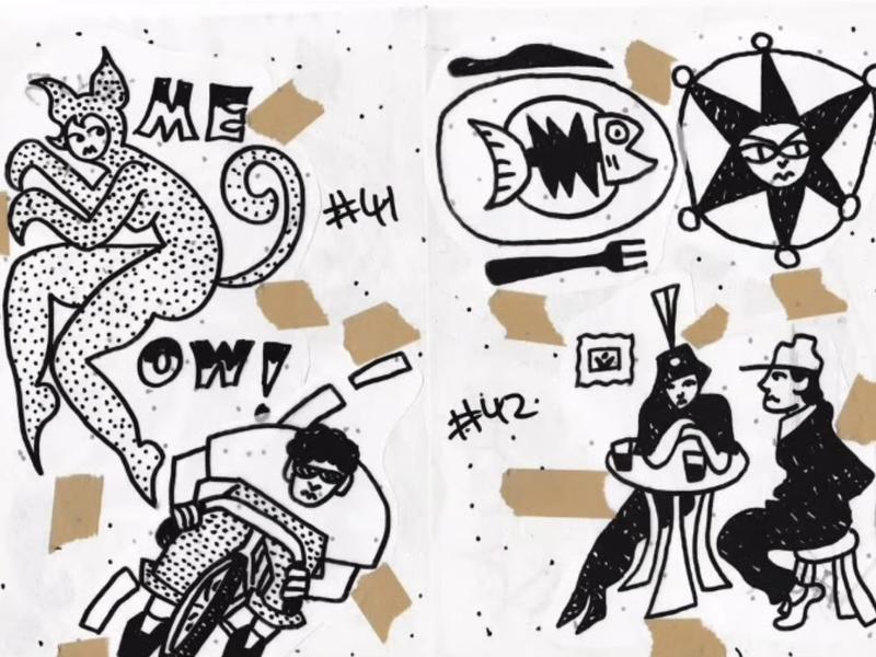 Flash sheet: a spotted cat-like figure, a seated figure, a fish on a plate, a star with a face and two figures at a small table, in black with tan accents