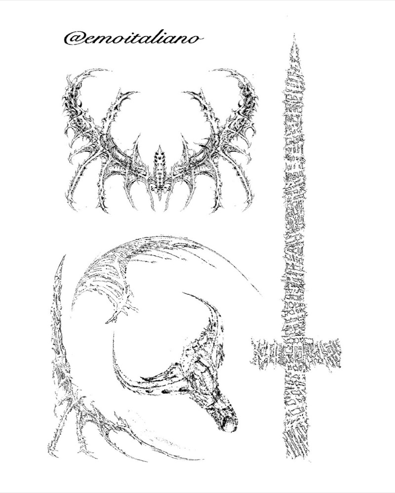 Flash sheet: fine-line designs in black: a symmetrical spiky winged ornament, a large curved horn shape, and a tall sword filled with scratchy texture