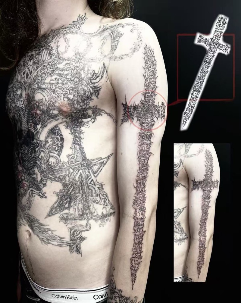 Completed tattoo on the upper arm: a tall sword filled with dense scratchy black texture, shown in full and in close-ups beside the drawn design