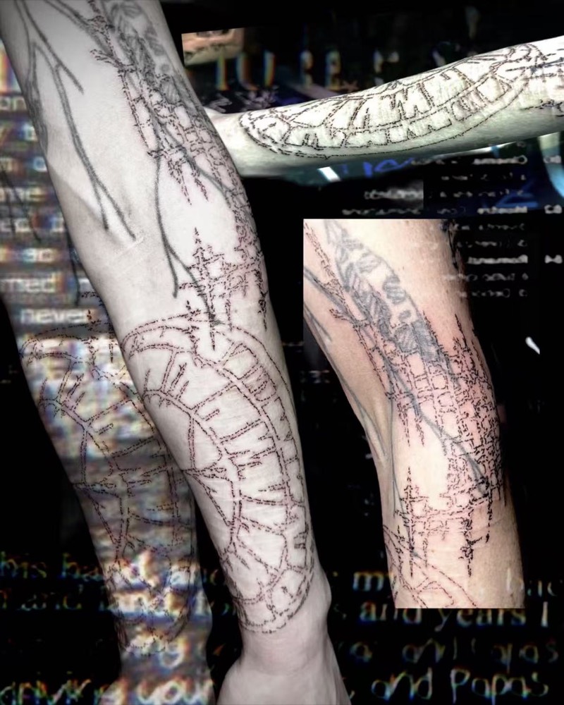 Completed tattoo on the forearm and arm: thorned segmented rings and branching lines in fine broken black line, shown from two angles