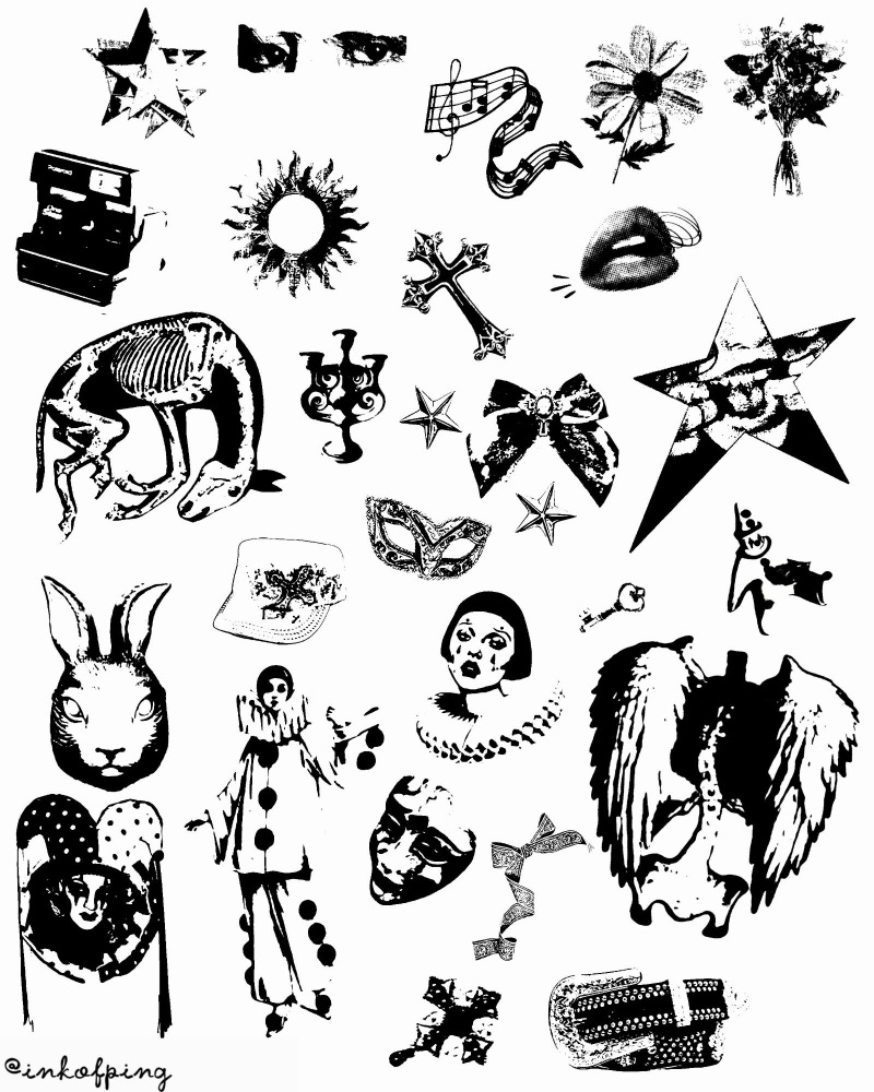 Flash sheet: many small black designs including stars, eyes, a camera, a sun, a cross, lips, a skeletal animal, a rabbit mask, clowns, bows, masks and wings