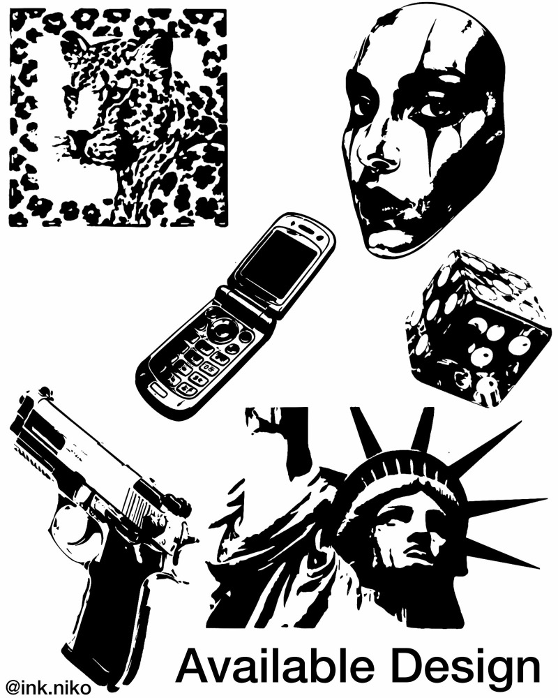 Flash sheet: a leopard in leopard print, a face with painted stripes, a flip phone, a die, a pistol and the Statue of Liberty, marked "Available Design"