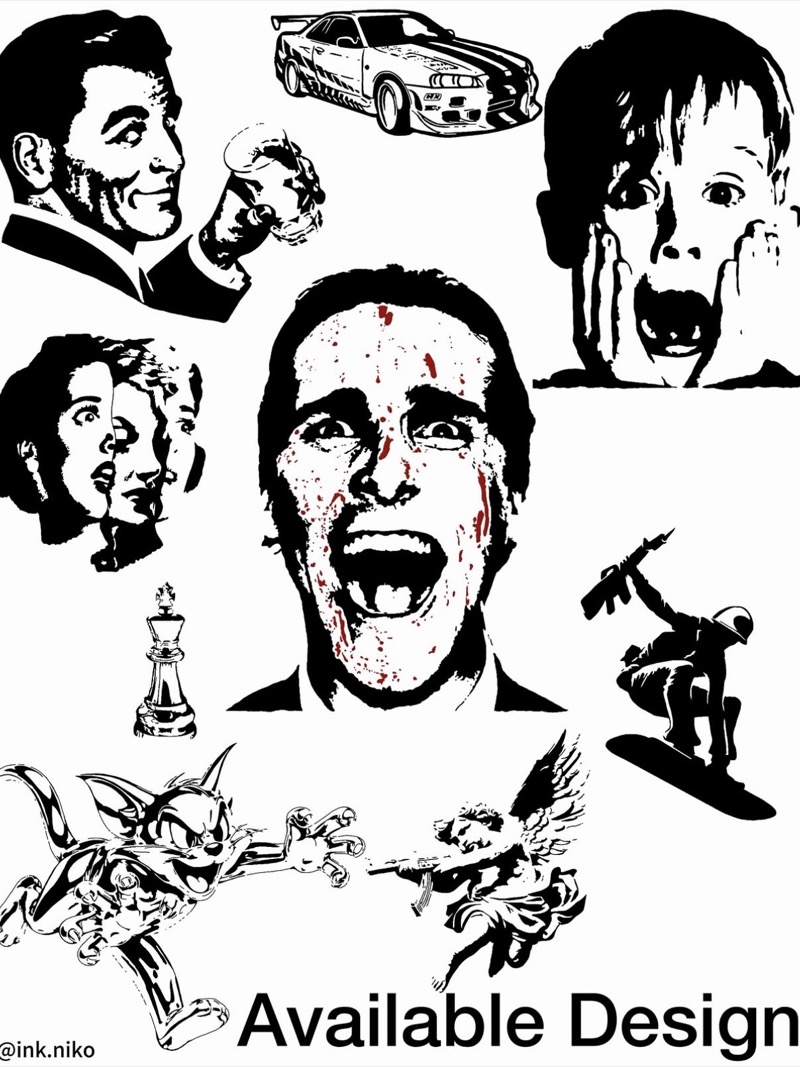 Flash sheet: bold black stencil-style faces, a sports car, a chess king, a snowboarder, a cartoon cat and a cherub, marked "Available Design"