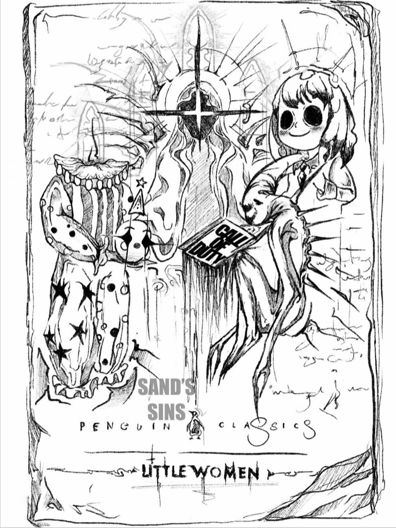 Flash sheet: a hand-drawn book cover titled "Little Women" with a clown, a haloed figure and a girl, marked "Sand's Sins"