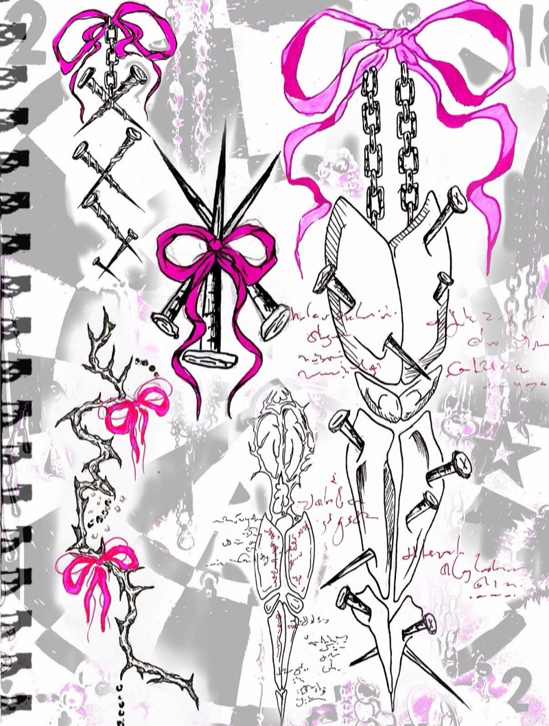 Flash sheet: nails, chains and a thorned vine tied with pink bows, and a nail-pierced heart