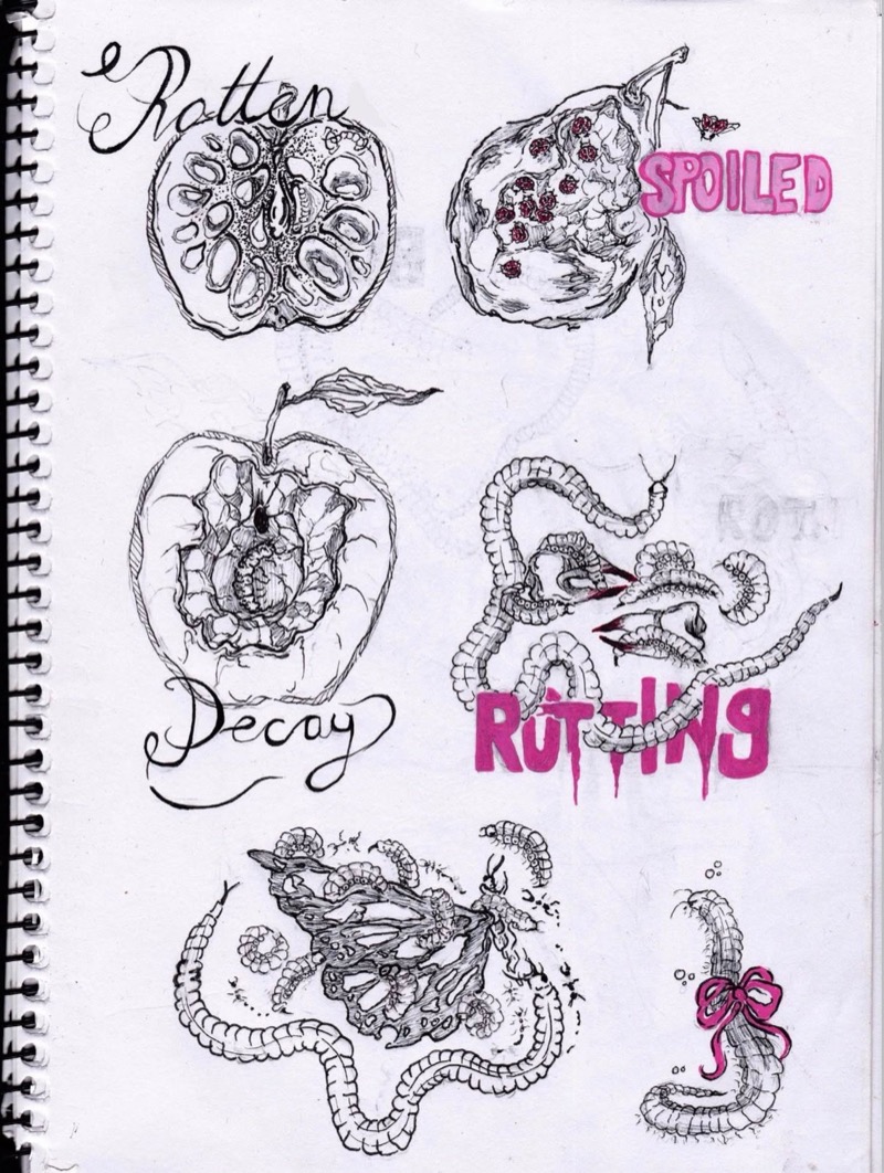Flash sheet: rotten fruit and worms with hand lettering reading "Rotten", "Spoiled", "Decay" and "Rotting"