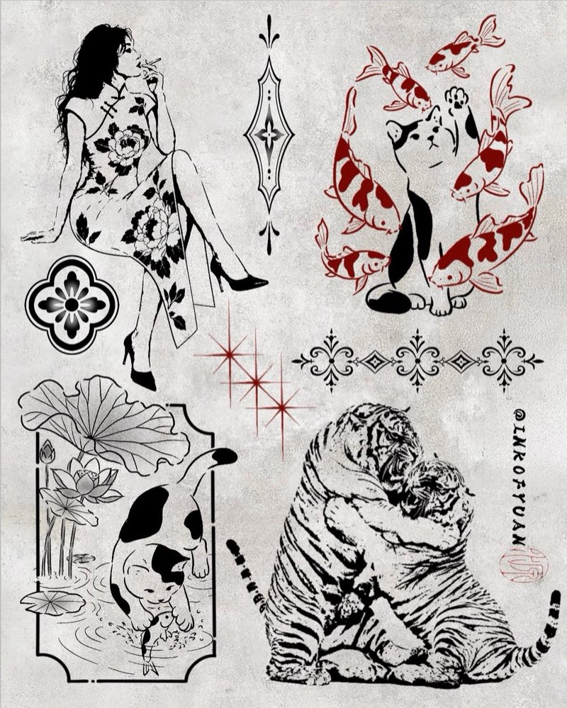 Flash sheet: a seated woman in a floral high-collared dress holding a cigarette, a calico cat among red koi, a calico cat catching a fish beside lotus leaves, two tigers embracing, with small ornaments and red stars