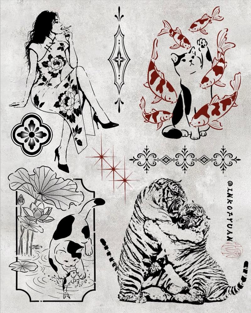 Flash sheet: a seated woman in a floral high-collared dress holding a cigarette, a calico cat among red koi, a calico cat catching a fish beside lotus leaves, two tigers embracing, with small ornaments and red stars
