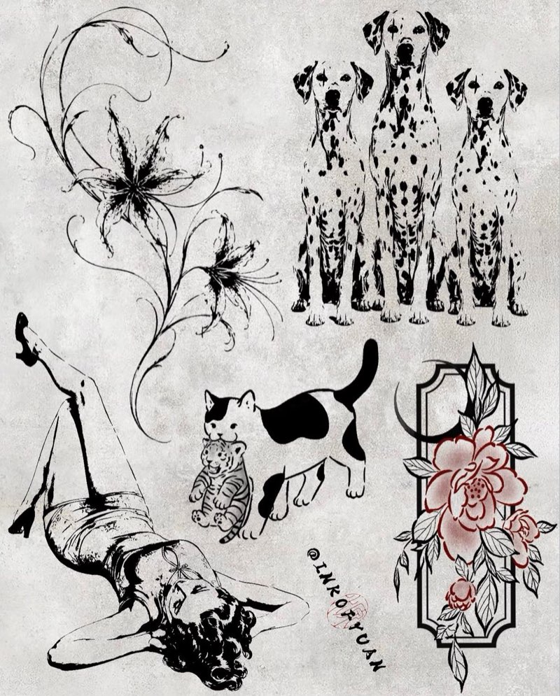 Flash sheet: trailing lilies, three seated Dalmatians, a reclining pin-up woman, a calico cat with a tiger cub, and a red peony in a framed panel