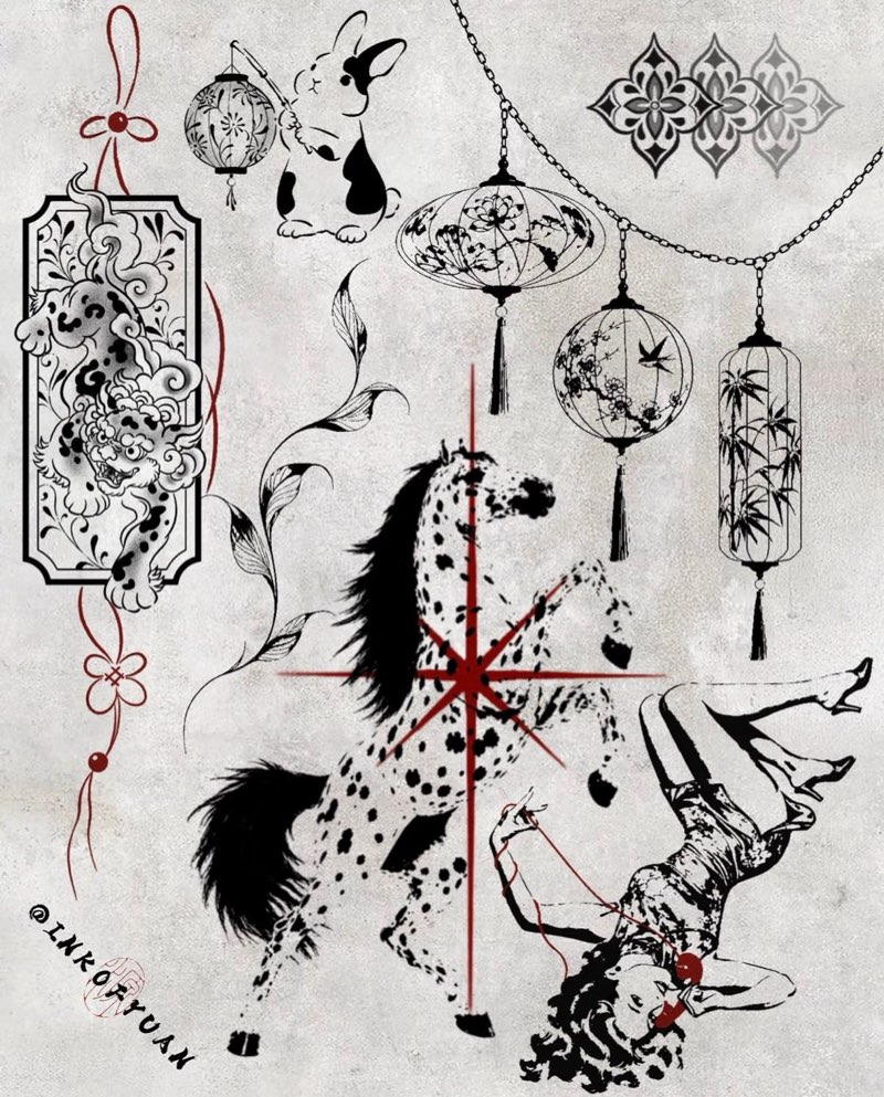 Flash sheet: a spotted lion in a framed panel on red knotted cord, a rabbit holding a lantern, three hanging lanterns on a chain, a rearing spotted horse over a red star, and a woman holding a red telephone